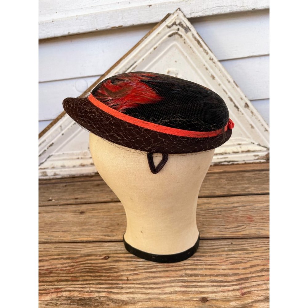 Vintage 1940s HAt Brown Wool Dyed Orange Peasant Feathers - Picture 11 of 12